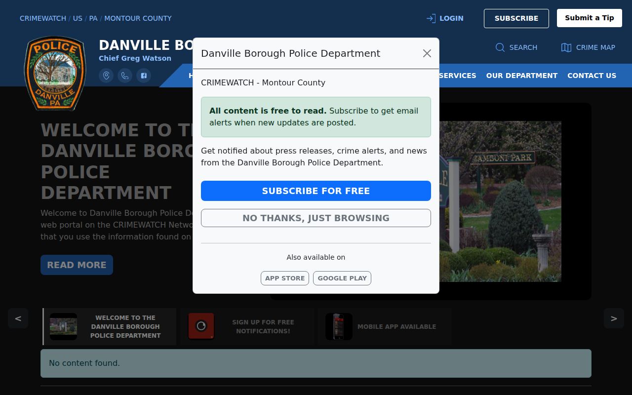 Danville Borough Police CRIMEWATCH profile for public arrest-record postings