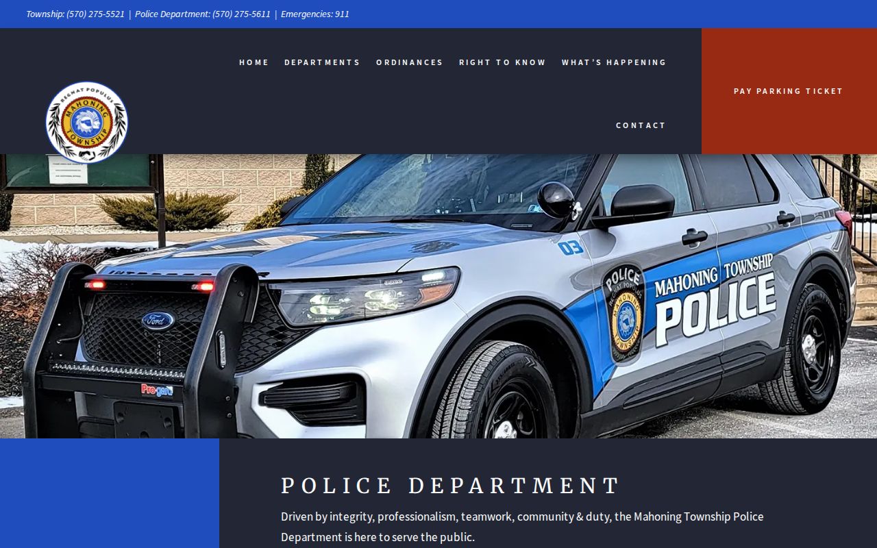 Mahoning Township Police Department official arrest-record contact page