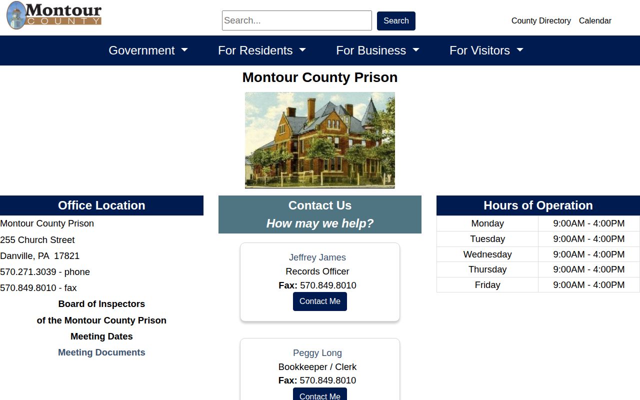 Montour County Prison booking-record and custody contact page