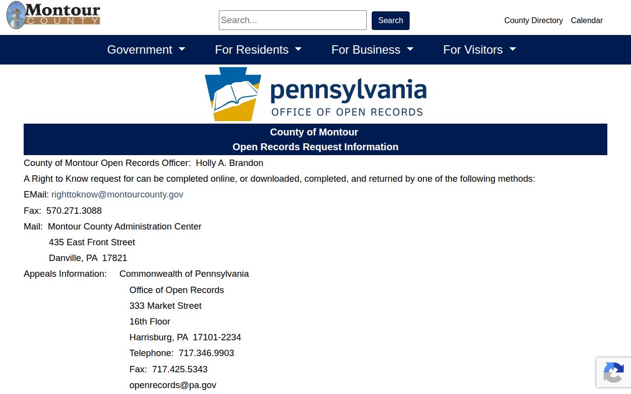 Montour County booking-record right-to-know request contact information