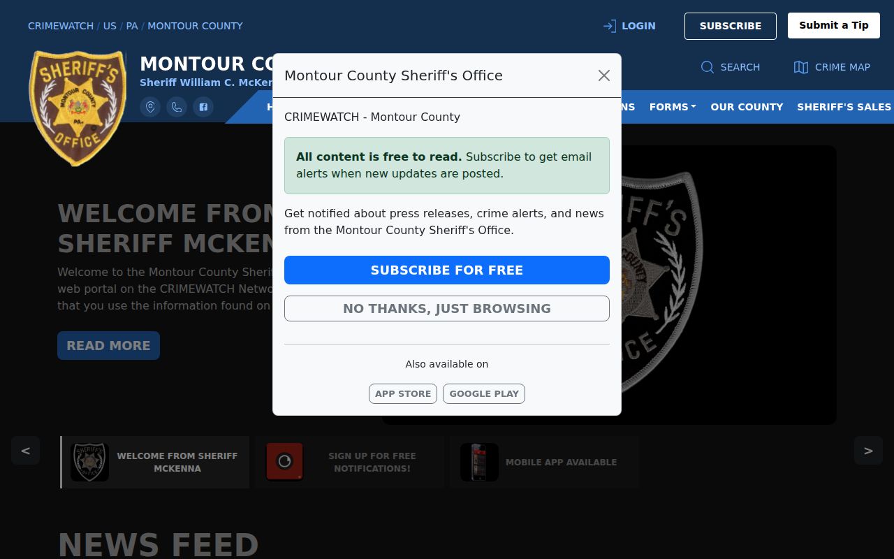 Montour County warrant record CRIMEWATCH notification panel